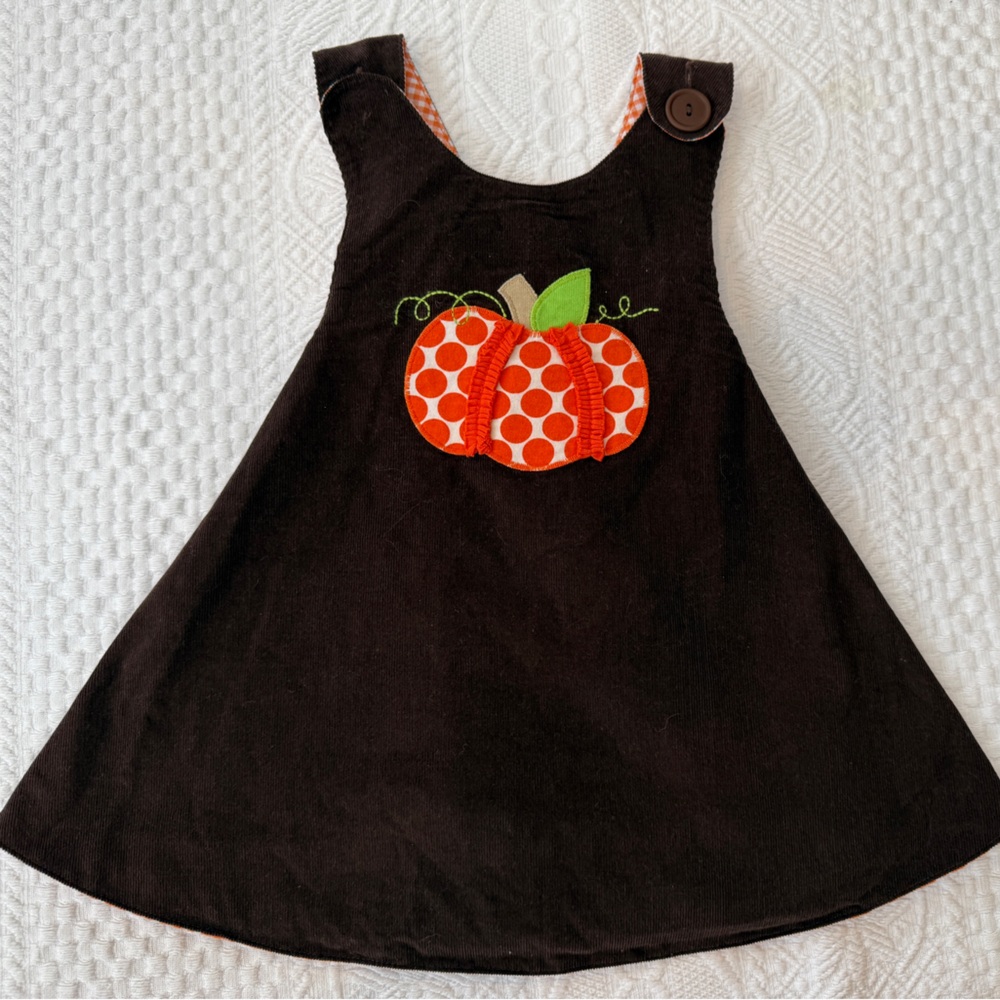 Reversible Pumpkin Owl Dress Corduroy Gingham Open Back Size 12 24 Months